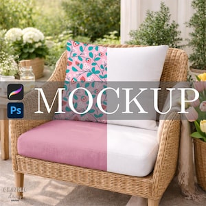 May include: A wicker chair with a pink cushion and two pillows. One pillow features a strawberry and vine pattern on a pink background. The other pillow is white. The word "MOCKUP" is across the pillows. The chair is outdoors.