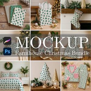 May include: A collection of Christmas-themed mockups featuring a repeating green Christmas tree pattern on various items. Includes gift bags, wrapping paper, a stocking, a blanket, bedding, and pajamas. The text "MOCKUP Farmhouse Christmas Bundle" is displayed.