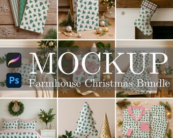 May include: A collection of Christmas-themed mockups featuring a repeating green Christmas tree pattern on various items. Includes gift bags, wrapping paper, a stocking, a blanket, bedding, and pajamas. The text "MOCKUP Farmhouse Christmas Bundle" is displayed.