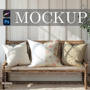May include: Three decorative throw pillows on a wooden bench. The pillows have various designs, including solid white, a rainbow pattern, and a repeating arch pattern. The word "MOCKUP" is displayed in large white letters.