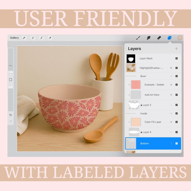 Puede incluir: Una interfaz de programa de arte digital con capas etiquetadas se muestra en una tableta. Un cuenco rosa con un estampado floral y utensilios de madera est&aacute;n sobre una superficie de madera. Los textos "USER FRIENDLY" y "WITH LABELED LAYERS" est&aacute;n arriba y abajo.