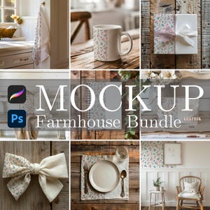 May include: A selection of farmhouse-style mockups. The image shows a white mug, gift boxes, a bow, a place setting, and a towel, each with a floral design. The text "MOCKUP Farmhouse Bundle" is also visible in the image.