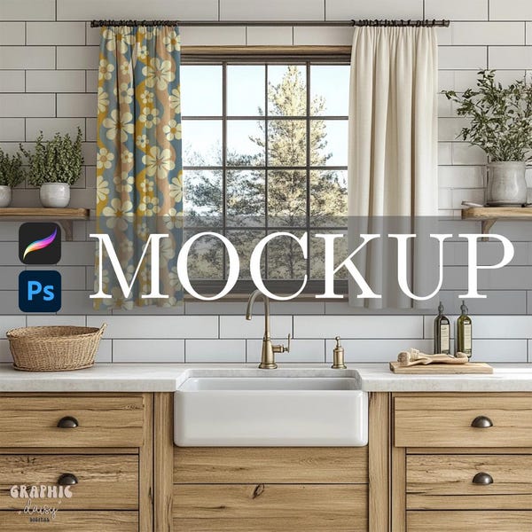 Farmhouse Kitchen Curtain Mockup, Procreate, Photoshop (Digital Download)