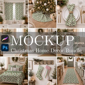 May include: A digital mockup bundle for Christmas home decor featuring a repeating pattern of Santa Claus faces on green fabric. The collection includes curtains, a tree skirt, napkins, pillows, a throw blanket, bedding, stockings, and a runner.