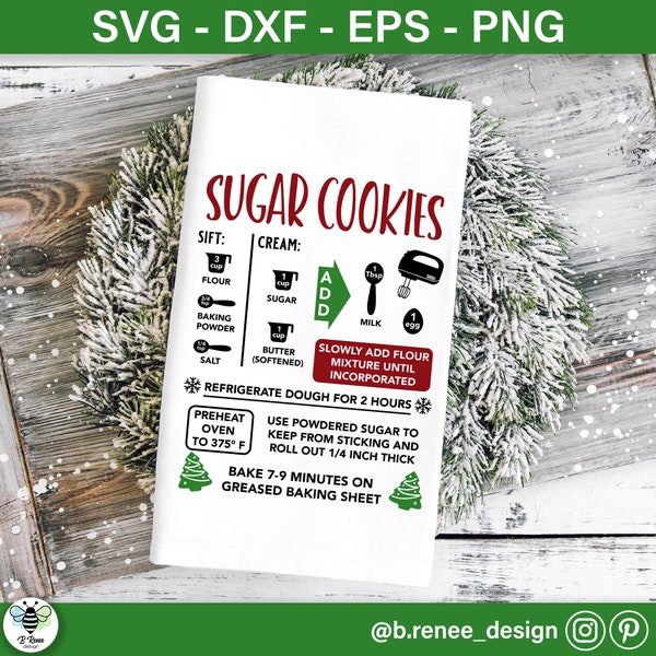 Sugar Cookie Recipe SVG | Christmas Baking SVG | Kitchen Svg | Christmas Dish Towel PNG | Christmas Cookie Recipe | Tea Towel Sublimation