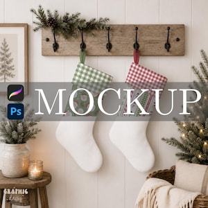 May include: Two Christmas stockings hanging from a wooden rack. The left stocking features a green and white gingham cuff with a Santa Claus pattern. The right stocking has a red and white gingham cuff with a striped and patterned body.