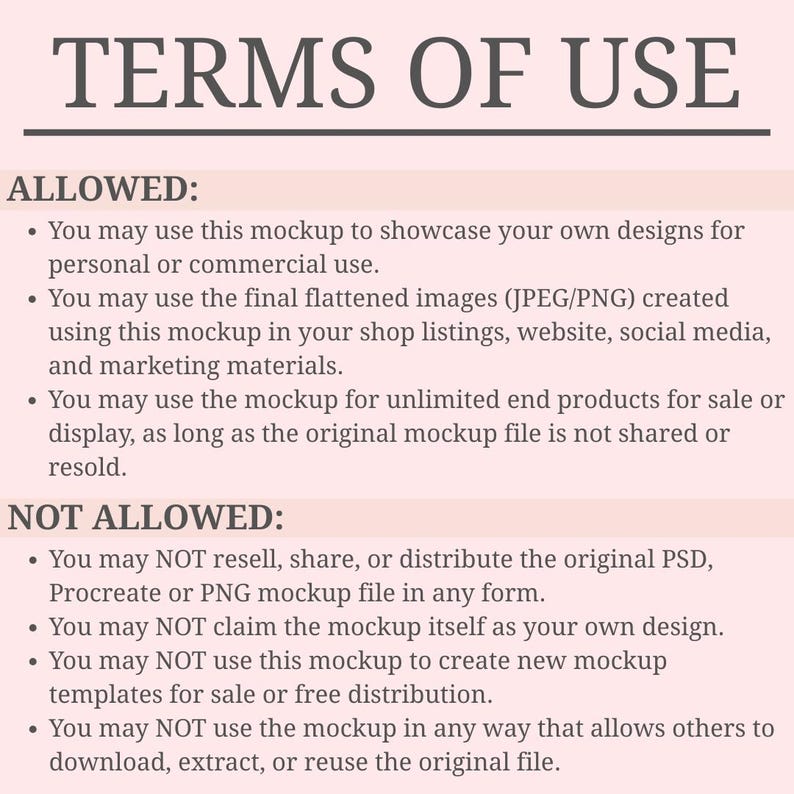 Puede incluir: Un documento titulado "T&Eacute;RMINOS DE USO" con un fondo rosa claro. El texto describe lo que est&aacute; permitido y no permitido al usar la maqueta, incluido el uso personal y comercial, y las restricciones sobre la reventa o distribuci&oacute;n del archivo original.