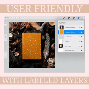 May include: An orange journal with a white pattern of witch hats, moons, and cauldrons. The journal is open on a table with a feather, candles, and other decorative items. The words "USER FRIENDLY" and "WITH LABELED LAYERS" are displayed.