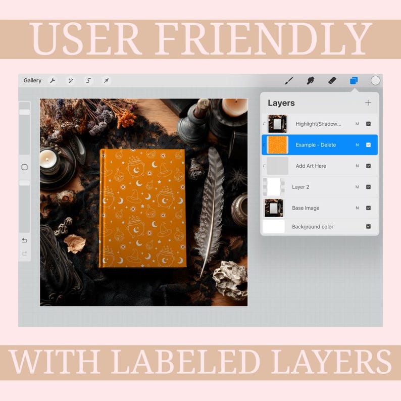 May include: An orange journal with a white pattern of witch hats, moons, and cauldrons. The journal is open on a table with a feather, candles, and other decorative items. The words "USER FRIENDLY" and "WITH LABELED LAYERS" are displayed.