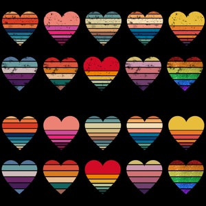 Puede incluir: Veinte dise&ntilde;os coloridos en forma de coraz&oacute;n con un patr&oacute;n a rayas retro. Cada coraz&oacute;n tiene una combinaci&oacute;n de colores diferente de rojo, naranja, amarillo, verde, azul, morado y rosa.