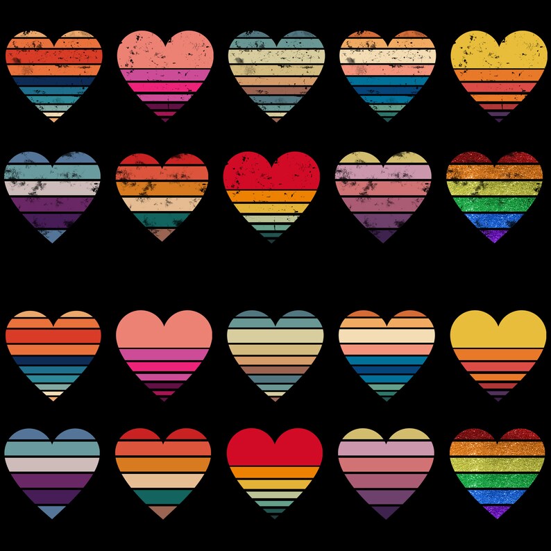 Puede incluir: Veinte dise&ntilde;os coloridos en forma de coraz&oacute;n con un patr&oacute;n a rayas retro. Cada coraz&oacute;n tiene una combinaci&oacute;n de colores diferente de rojo, naranja, amarillo, verde, azul, morado y rosa.