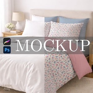 May include: A bed with white bedding, blue and floral print pillows, and a pink duvet cover. The word "MOCKUP" is displayed in large white letters across the image. A bedside table with a lamp and flowers is visible.