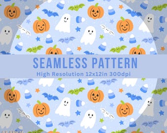 Leuk halloweenpatroon, blauwe spoken, pompoenen, vleermuizen (digitale png-download)