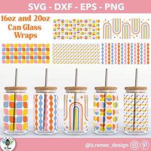 May include: Set of six 16oz and 20oz can glass wraps with geometric designs in pink, blue, yellow, and orange. The designs include rainbows, wavy lines, and circles.