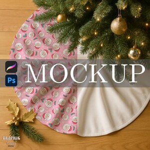 May include: A Christmas tree skirt with a pink Santa Claus pattern on one half and a plain white fabric on the other. The tree is decorated with gold ornaments and lights. The word "MOCKUP" is displayed in large white letters.