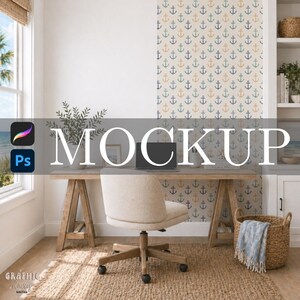 Office Wallpaper Mockup for Procreate and Photoshop: Surface Pattern Smart Object Mockup, Coastal Style Wallpaper Mockup