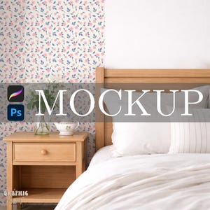 May include: A bedroom scene with a wooden bed and nightstand. The wall has a floral pattern of pink and blue flowers on a cream backdrop. The word "MOCKUP" is displayed across the image. A small teacup and vase are on the nightstand.