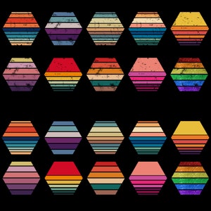 Puede incluir: Un conjunto de 20 dise&ntilde;os hexagonales de puesta de sol retro en varios colores, incluyendo rojo, naranja, amarillo, verde, azul, morado y rosa. Cada hex&aacute;gono tiene un aspecto desgastado y vintage con un patr&oacute;n a rayas.