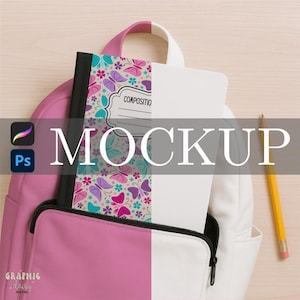 May include: A pink and white backpack with a composition notebook featuring a butterfly pattern. The notebook is open, revealing blank pages. A yellow pencil rests beside the backpack. The word "MOCKUP" is overlaid on the image.