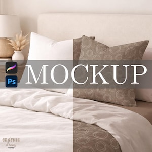 May include: A square throw pillow featuring a brown fabric with a repeating white circular pattern, positioned on a bed with white bedding and a white headboard. The word MOCKUP is displayed in large white letters across the centre of the image.