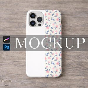 May include: White phone case with a floral pattern of pink flowers and blue leaves on a cream background. The case has a white section and the word "MOCKUP" is displayed across the image.