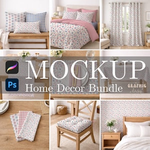 Puede incluir: Un paquete de maquetas de decoración del hogar con varios artículos con un patrón floral. Incluye almohadas, ropa de cama, cortinas, un mantel, manteles individuales, servilletas, un cojín para silla y papel pintado. Se muestra el texto "MOCKUP Home Decor Bundle".