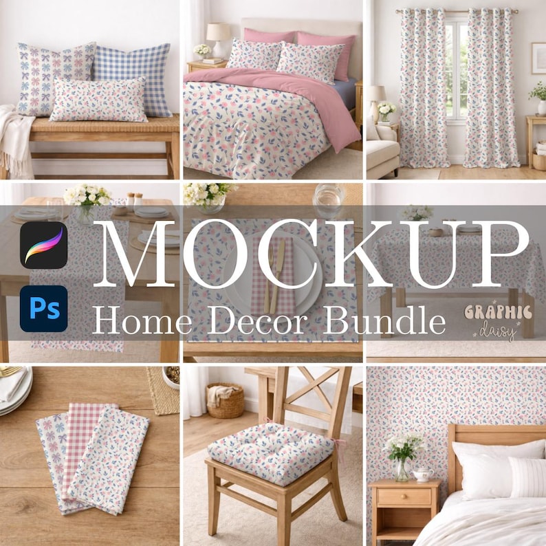 Op de afbeelding: Een home decor mockup bundel met diverse items met een bloemenpatroon. Inclusief kussens, beddengoed, gordijnen, een tafelkleed, placemats, servetten, een stoelkussen en behang. De tekst "MOCKUP Home Decor Bundle" is zichtbaar.