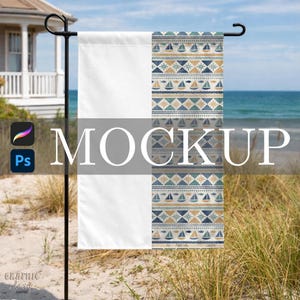 May include: A garden flag with a nautical design featuring sailboats, anchors, and geometric patterns in shades of blue, beige, and white. The flag is displayed outdoors with the word "MOCKUP" overlaid on the image.