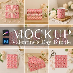 May include: A Valentine's Day bundle mockup featuring a gift box, fabric, a mug, a pillow, a bow, a notebook, an apron, and a fabric square. The items have a pink pattern with hearts and cameras. The text "MOCKUP Valentine's Day Bundle" is displayed.