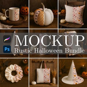 May include: A collection of rustic Halloween-themed items, including a mug, decorative pumpkin, pillow, towel, tumbler, scrunchie, tote bag, and witch hat. The items feature a pattern with bats, pumpkins, and stars. The text "MOCKUP Rustic Halloween Bundle" is visible.