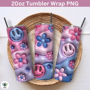 3D aufgeblasener Becher | Blumen Lächeln Becher PNG | Aufgeblasener Becher Sublimationsentwurf | Puff Tumbler Wrap | 20 Unzen gerader Tumbler Wrap