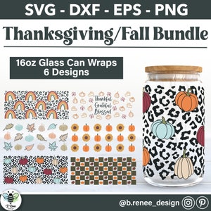 Fall Glass Can SVG Bundle | 16oz Libbey Glass Wrap | Thanksgiving Libbey Wrap Bundle | Fall SVG | Leopard Pumpkin Glass Wrap SVG