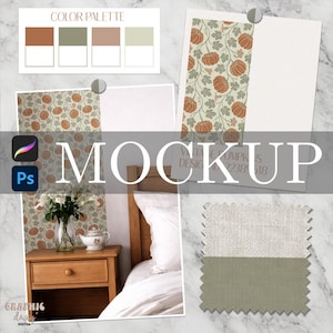 May include: A digital design mockup featuring a repeating pumpkin and vine pattern in orange and sage green. The display includes a colour palette, a bedroom scene with a wooden nightstand, and a fabric swatch with textured beige and sage green sections.