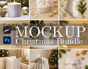 May include: A Christmas-themed mockup bundle featuring various items with a festive design. Includes a candle, gift box, stocking, mug, pillow, blanket, and bow. The items have a white base with a colorful patterned design. The text "MOCKUP Christmas Bundle" is displayed.