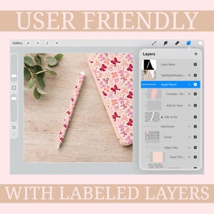 May include: A pink iPad cover and stylus with a repeating pattern of pink and red bows. The text "USER FRIENDLY" and "WITH LABELED LAYERS" is displayed in the image.
