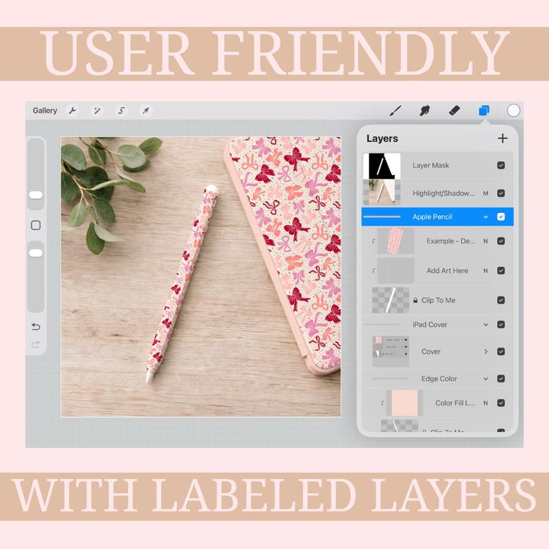 May include: A pink iPad cover and stylus with a repeating pattern of pink and red bows. The text "USER FRIENDLY" and "WITH LABELED LAYERS" is displayed in the image.