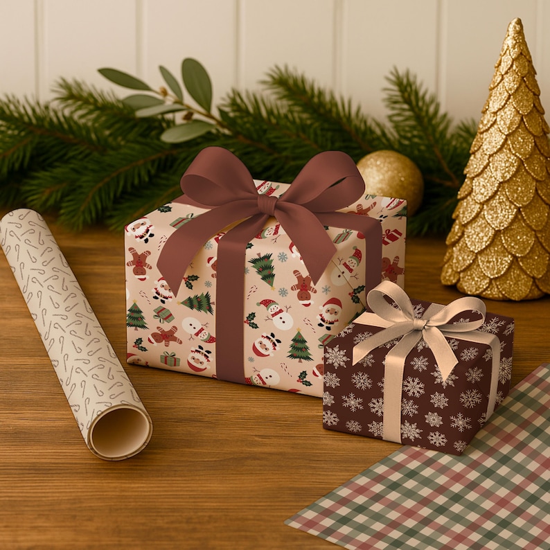 Pu&ograve; includere: Confezioni regalo natalizie con nastri marroni. Una scatola presenta un design con pupazzi di neve e Babbo Natale, mentre un'altra ha un motivo a fiocchi di neve. Sono presenti anche un albero di Natale dorato e un rotolo di carta da regalo.