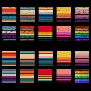Puede incluir: Un conjunto de 20 dise&ntilde;os de puesta de sol retro coloridos con un aspecto vintage desgastado. Cada dise&ntilde;o presenta una combinaci&oacute;n de colores y un patr&oacute;n de rayas horizontales diferentes.