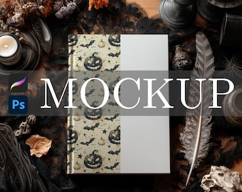 May include: A book mockup with a Halloween-themed cover featuring jack-o'-lanterns, bats, and stars. The book is partially open, revealing a blank white page. The word "MOCKUP" is overlaid on the image. The scene includes candles, feathers, and decorative elements.