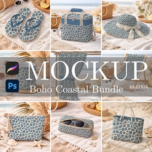 May include: A collection of beach-themed products, including a tote bag, sun hat, cooler bag, flip-flops, and a cosmetic bag. Each item features a blue and white seashell pattern. The image also includes the text "Mockup Boho Coastal Bundle".