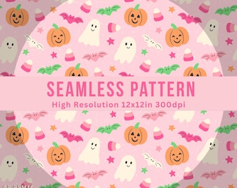 Leuk naadloos Halloween-patroon, roze spoken, pompoenen (PNG)