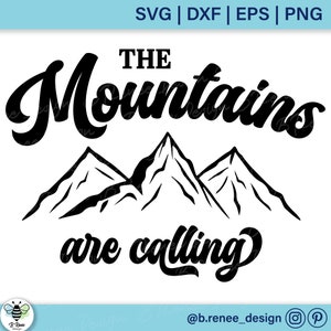 Puede incluir: Diseño gráfico en blanco y negro con una cordillera de montañas estilizada con el texto "The Mountains are calling".