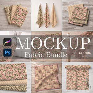 Puede incluir: Una maqueta de un paquete de telas con varios diseños florales y de lunares en rosa, verde y beige. La imagen incluye telas dobladas, toallas colgadas y una tela enrollada, con el texto "Fabric Bundle".