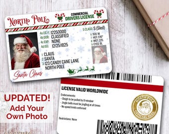Plantilla editable de licencia de conducir de Papá Noel para Canva. Licencia perdida imprimible en formato PNG.
