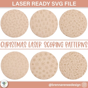 May include: Six different Christmas themed laser cutting patterns. The patterns include candy canes, Christmas trees, snowflakes, lights, and ornaments. The patterns are on a light brown background.