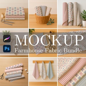 May include: A collection of farmhouse fabric bundles. The image displays various fabric patterns, including floral, gingham, and bow designs, in soft pastel colors. Some fabrics are folded, others rolled, and some are displayed as tea towels. The text "MOCKUP Farmhouse Fabric Bundle" is visible.