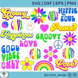 May include: A collection of 18 colorful groovy and hippie themed digital cut files. The designs include peace signs, flowers, hearts, rainbows, and text such as "Groovy", "Love", "Peace", "Happiness", "Good Vibes", and "Hippie Soul".