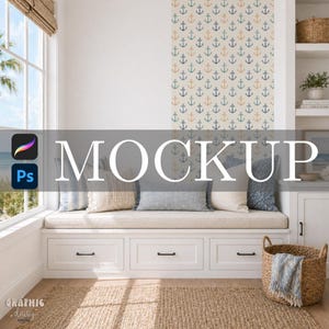 May include: A coastal interior mockup with a window seat, cushions, a woven rug, and wallpaper patterned with anchors. The word "MOCKUP" is overlaid on the image, along with the logos for Procreate and Photoshop.