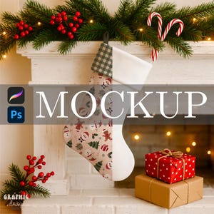 May include: A Christmas stocking with a white cuff and a patterned body featuring snowmen, Santa, and gingerbread men. The stocking hangs from a white mantel decorated with garland, berries, and candy canes. A wrapped gift box sits below.