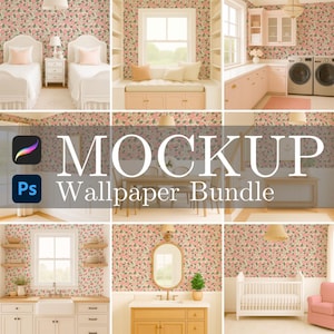 May include: A mockup of a wallpaper bundle featuring various interior scenes. The scenes include bedrooms, a kitchen, and a dining room, all showcasing a floral wallpaper design with pink and green accents. The text "MOCKUP Wallpaper Bundle" is displayed.